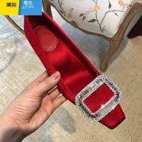 聚范浅口单鞋黑色船鞋方扣水钻粗跟中跟瓢鞋子平跟平底rv高跟鞋女