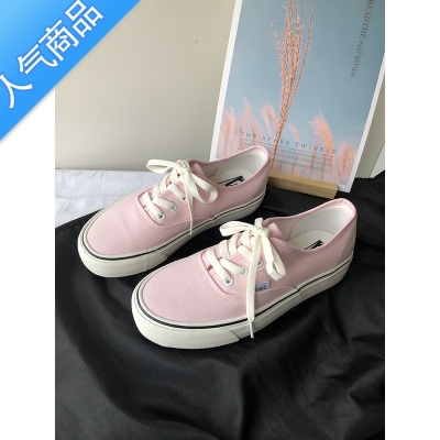 SUNTEK新款樱花粉色低帮帆布鞋女ulzzang厚底女鞋学生百搭休闲风ins板鞋