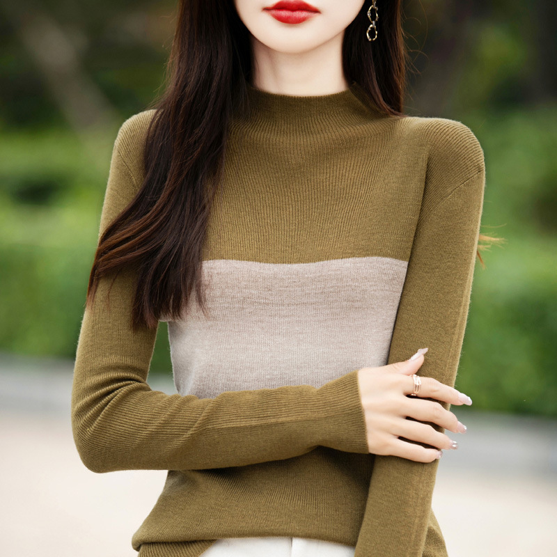 春秋年新款修身半高领针织衫高级感撞色毛衣长袖打底衫女上衣