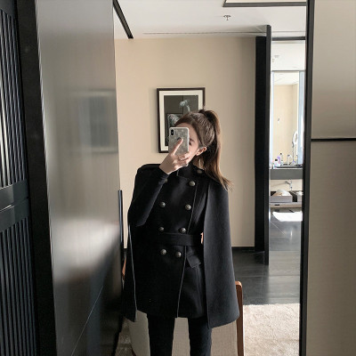 FISHBASKET炸街时髦双排扣设计廓形显瘦斗篷外套女款小个子立领毛呢大衣毛呢外套