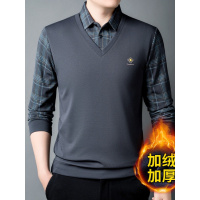 冬季新款T恤加绒假两件纯色翻领男装商务休闲宽松加厚保暖打底衫