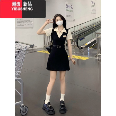 YIBUSHENG大码学院风polo领短袖假两件连衣裙女季新款胖mm收腰A字包臀裙