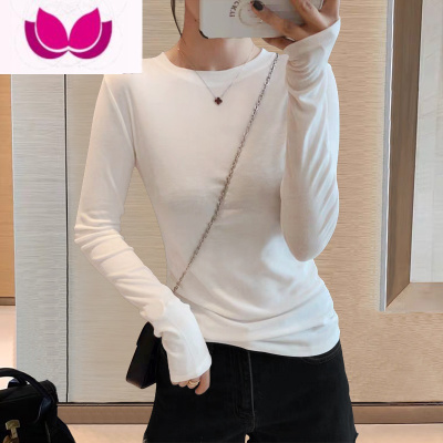 七斓早春白色长袖t恤女2023年新款漂亮纯色圆领上衣欧货修身打底衫ins