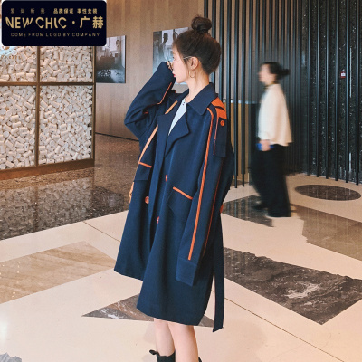 广赫撞色藏青色风衣女中长款春秋新款小个子休闲百搭宽松工装外套风衣