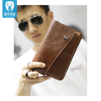 精品特卖-现代男孩（XIANDAINANHAI）男包潮流设计韩版新款手拿包小男士包潮复古小包手拿包疯马皮咖啡色