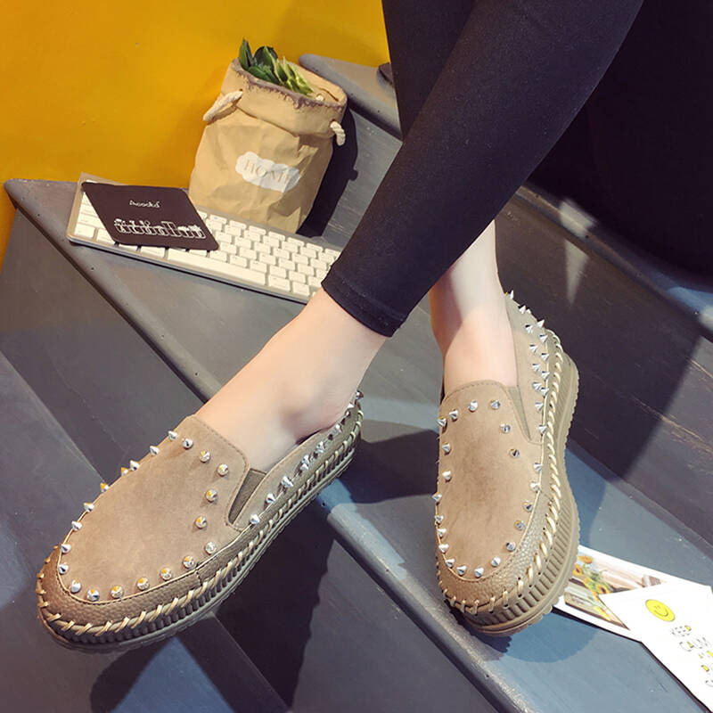 铆钉懒人鞋豆豆鞋2018秋季新款百搭朋克厚底平底单鞋一脚蹬女鞋潮驼色35