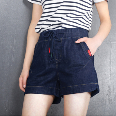 尚品杭2019夏季大码高腰牛仔短裤女深蓝色松紧腰热裤休闲韩版潮