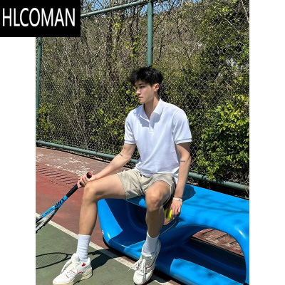 HLCOMAN纯白色网球衫短袖男夏季成熟稳重男装有领t恤正肩廓形半截袖