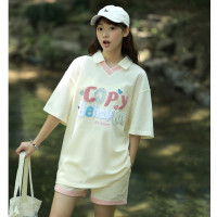 [2.5折价124元]唐狮夏季女衬衫领前胸毛巾绣大图案短裤