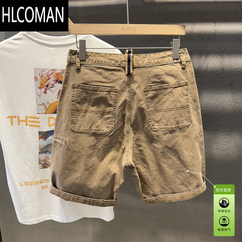 HLCOMAN卡其色耐磨牛仔短裤男宽松直筒高级感青年中裤百搭外穿半截五分裤