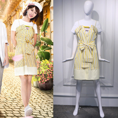 珂卡慕(KEKAMU)中餐厅3第三季杨紫同款条纹连衣裙色绑带直筒裙白色字母