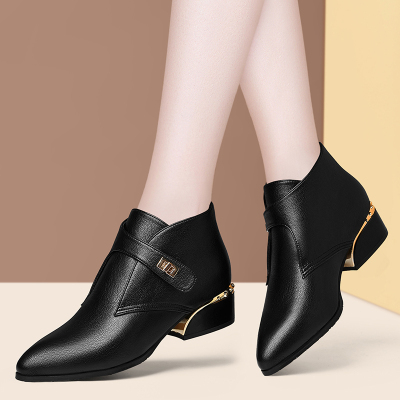 盾狐皮鞋女春秋单鞋新款深口粗跟高跟鞋韩版百搭尖头英伦风女鞋利德尚品98193