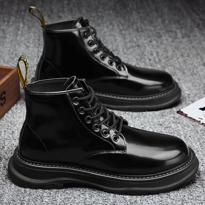 Ideamini冬季马丁靴男高帮皮鞋英伦风黑色百搭黑色亮中帮厚底增高机车靴子靴子
