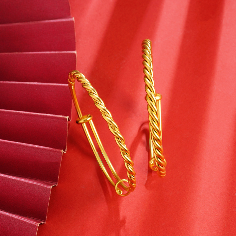 古法沙金麻花活口手镯可调节久不掉色铜镀金推拉手环直供直播送女朋友老婆情人节七夕生日礼物