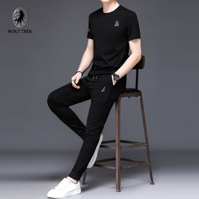 七匹狼国际公司授权WOLFTREK-男装时尚休闲丝光透气半袖短袖套装21夏季男士T恤两件套