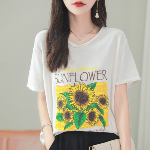 向日葵印花V领纯色T恤宽松休闲通勤春夏新款全棉舒适透气针织短袖