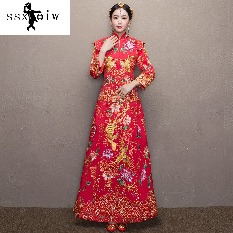 ssxoiw秀禾服新娘礼服嫁衣长款中式敬酒服修身中国风旗袍结婚秀和龙凤褂红色