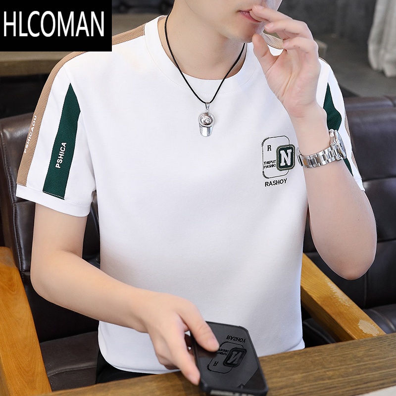 HLCOMAN夏季男士短袖t恤薄款透气潮牌刺绣半截袖体恤男痞帅拼色半袖汗衫