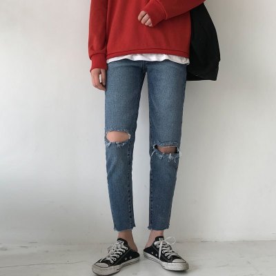 夏装韩国ulzzang百搭九分膝盖破洞修身小脚毛边休闲牛仔裤男女