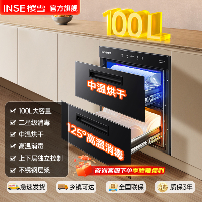 樱雪(INSE)RTD100E-2531(B)W消毒柜家用 嵌入式消毒柜 100L大容量镶嵌式二星消毒 厨房消毒碗柜