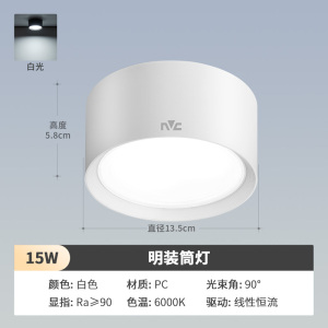 雷士照明LED筒灯明装免开孔天花灯圆形高显防眩客厅过道灯服装店走廊吸顶灯