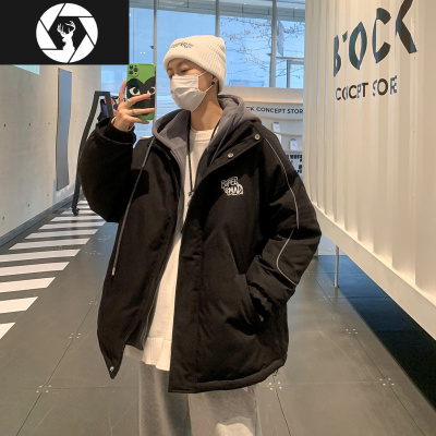 HongZun假两件棉衣男冬季帅气反光超火连帽棉袄港风宽松潮流加厚棉服外套棉衣