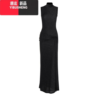 YIBUSHENG欧美风黑色亮丝半高领无袖连衣裙女修身显瘦显身材飘带过膝长裙子