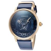 范思哲(Versace)女石英表蓝盘蓝皮针扣38mm防水50米