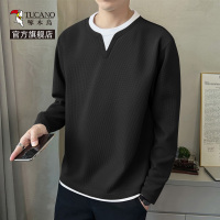 啄木鸟官方高端华夫格长袖T恤男秋季潮牌假两件休闲圆领上衣服YB