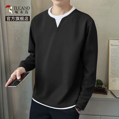 啄木鸟官方高端华夫格长袖T恤男秋季潮牌假两件休闲圆领上衣服YB