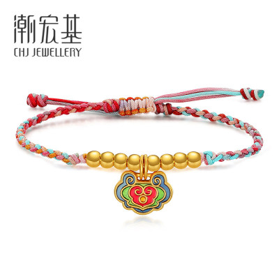 潮宏基国色-福寿天成黄金手链足金串珠手绳古法烧蓝手饰TQ约1.6g-绳长约17-20cm