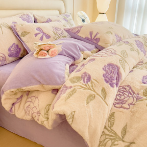 加厚花牛奶绒床上四件套秋冬季兔毛绒床单被套床笠款床品三件套