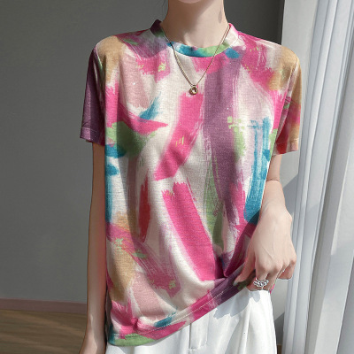 个性街头风水墨晕染印花撒银设计天丝短袖春夏新款女士圆领T恤衫