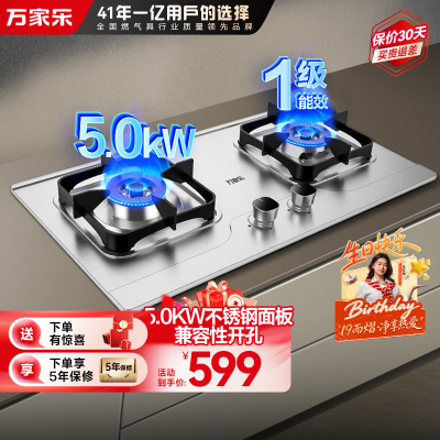 万家乐双高火燃气灶 5.0kW液化气灶不锈钢煤气灶高热效率全进风快速点火燃气灶家用台嵌两用双灶JZY-AY8G液化气
