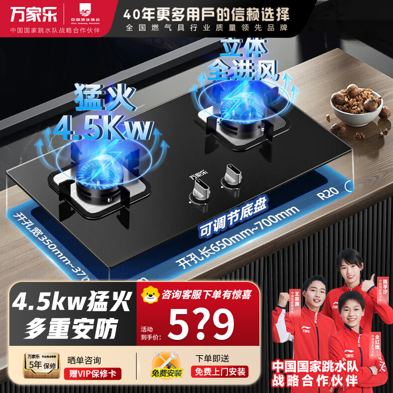 万家乐 钢化玻璃燃气灶炉具双眼灶 家式嵌入式两用灶具4.5KW一级能效 家用双灶台LAY3 天然气