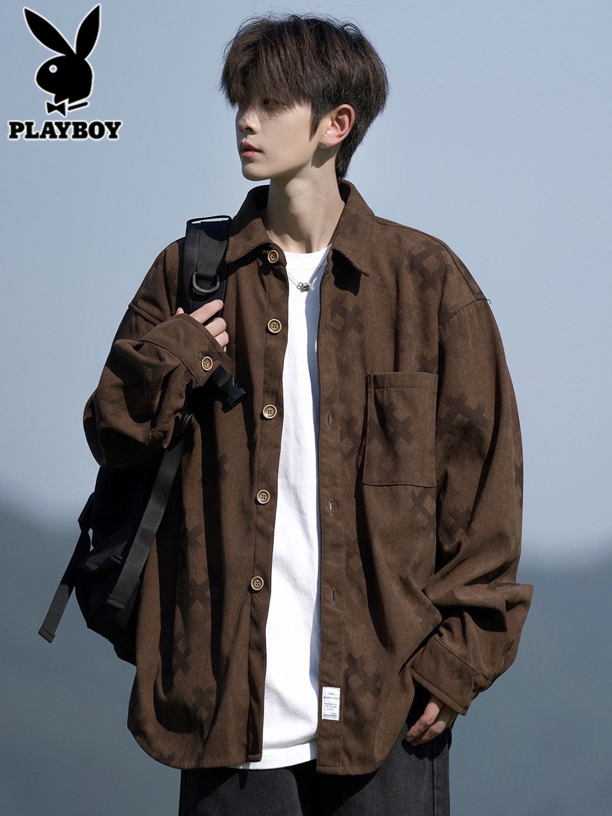 花花公子灯芯绒衬衫男士春秋季日系覆古宽松衬衣男生大码长袖外套