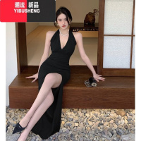 YIBUSHENG黑色露背开叉挂脖连衣裙女赫本风高级感小礼裙修身显瘦性感长裙