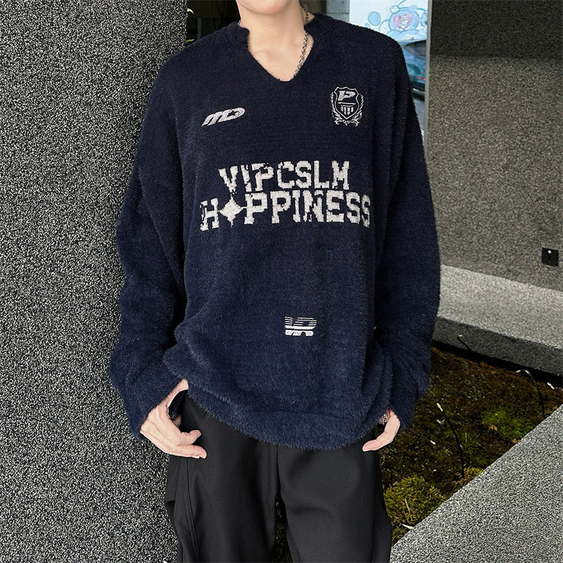 毛衣男潮牌美式复古V领毛衣男慵懒风宽松套头针织衫情侣百搭外套