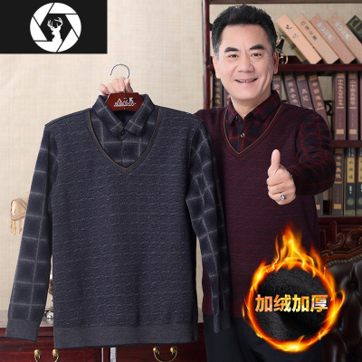 HongZun爸爸毛衣加厚中年加绒保暖衬衣男假两件中老年男士爷爷冬装针织衫毛衣