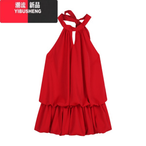 YIBUSHENG红色蝴蝶结性感露背无袖挂脖连衣裙女季纯欲收腰花苞a字短裙子