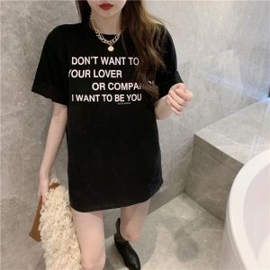 字母短袖T恤女夏装韩版新款中长款女士宽松学生女装上衣