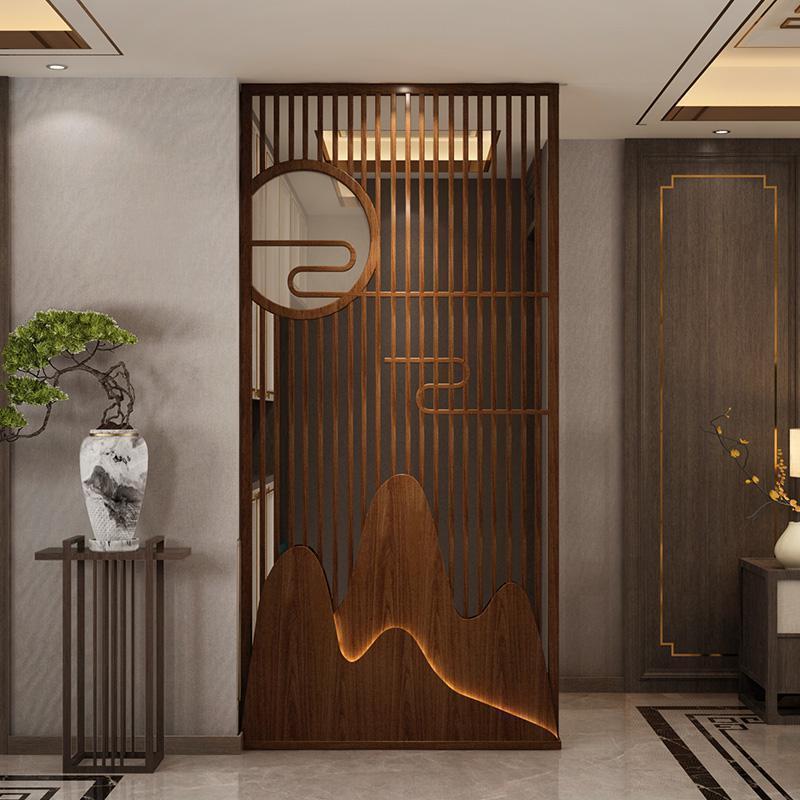 新中式实木屏风隔断玄关客厅分隔座屏入户遮挡镂空纱屏灯带小户型