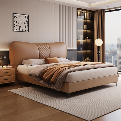 意式真皮床轻奢现代简约双人床主卧小户型实木储物床软包婚床