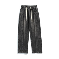 出口宽松直筒港风牛仔裤男基础款百搭多色松紧腰男士水洗拖地裤子