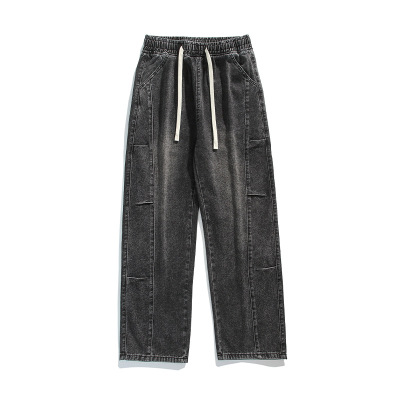 出口宽松直筒港风牛仔裤男基础款百搭多色松紧腰男士水洗拖地裤子