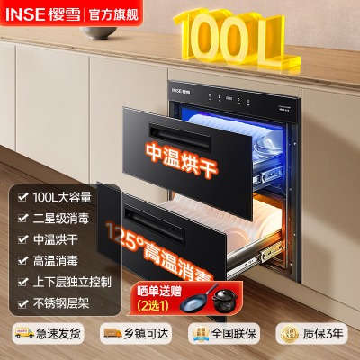樱雪(INSE)RTD100E-2531(B)W消毒柜家用 嵌入式消毒柜 100L大容量镶嵌式二星消毒 厨房消毒碗柜