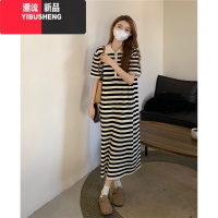 YIBUSHENG季撞色条纹Polo领短袖连衣裙女气质宽松小个子显瘦长款休闲裙子