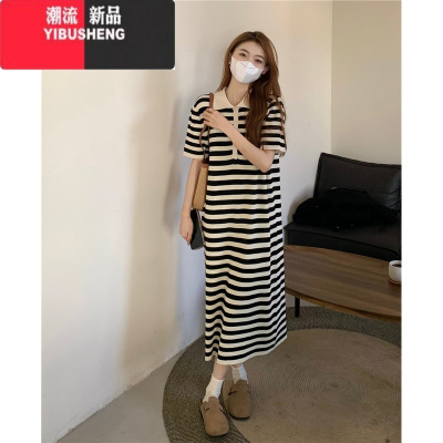 YIBUSHENG季撞色条纹Polo领短袖连衣裙女气质宽松小个子显瘦长款休闲裙子