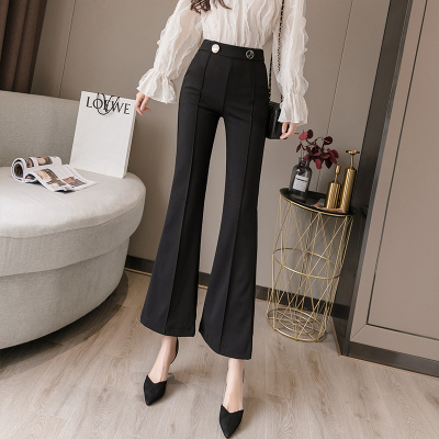 语娄阔腿裤女裤春季新款高腰显瘦休闲西裤弹力黑色宽松九分裤微喇叭裤西裤