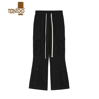 YANXUBLAEXIT美式大口袋工装裤男vibe高街抽绳宽松直筒黑色微喇叭长裤